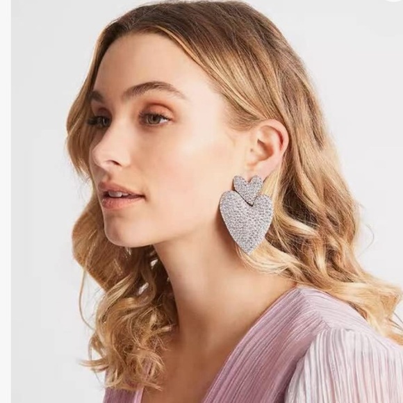 NWT 💎🩶💎 Piper K Sparkling Double Hearts Dangle Statement Earrings - Picture 3 of 16